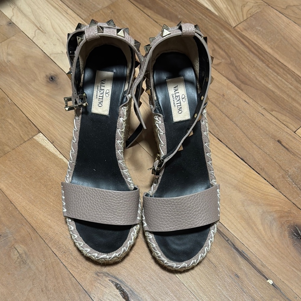 Valentino Taupe Rockstud Espadrille Ankle-Strap Sandals